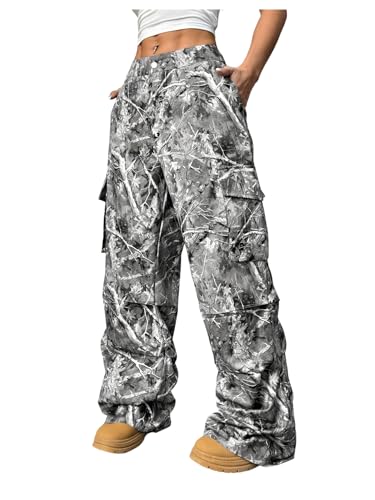 OYOANGLE Women's Camo Print Baggy Cargo Pants Elastic Waist Flap Pocket Straight Leg Trousers Streetwear Black and White Small