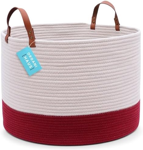OrganiHaus Extra Large Cotton Rope Basket with Real Leather Handles | Woven Basket | Baby Woven Laundry & Blanket Basket | Large Toy Storage Basket for Kids & Rope Storage Basket Woven 50x33cm Blue