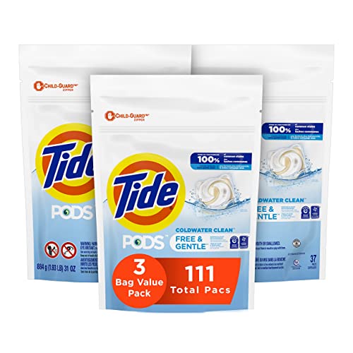 Image of Tide PODS Free & Gentle, Laundry Detergent Soap Pods, Unscented, 3 Bag Value Pack, 111 Count, HE Compatible