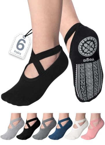 VITEVER 6-Pair Pilates Grip Socks for Women, Yoga Socks with Grips Non Slip Straps, Grippy Socks Suitable for Ballet, Dance, Barefoot, Plasticity, Home,Training, Barre, Hospital