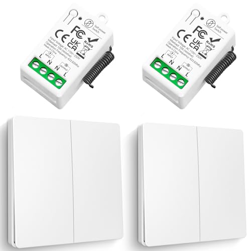 funk lichtschalter, Tedeligo selbstgenerierender Funkschalter 230V 10A RF Mini Relaisempfänger funkschalter licht 50 Meter Reichweite Steuerung für Lichter(2 Schalter 2 Empfänger)