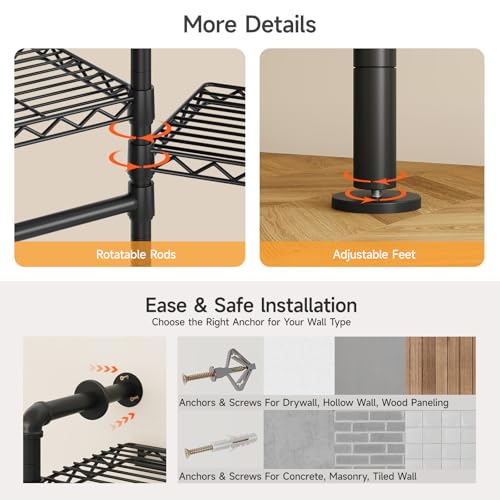 ONBRILL H3 Expandable Wall Mounted Closet System, 5.4FT-8.1FT Closet Organizer with 4 Telescopic Rods & 6 Wire Shelves, Industrial Pipe Clothing Rack for Walk-in & Reach-in Closet (Black) - Image 7