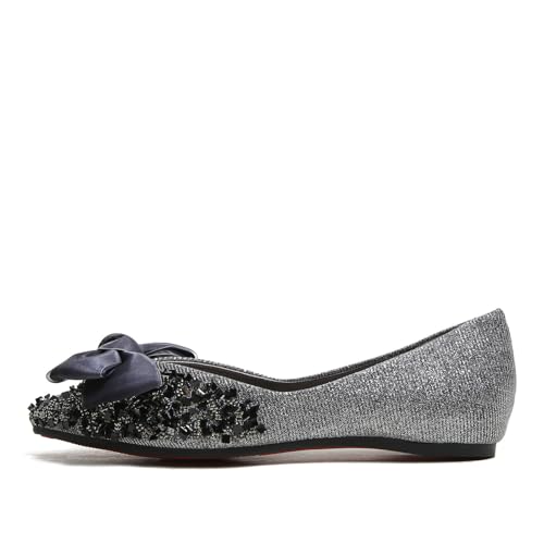 HIPPOSEUS Women's Satin Bow-Knot Flat Shoes Pointed Toe Ballet Flats Sequins Dressy Shoes