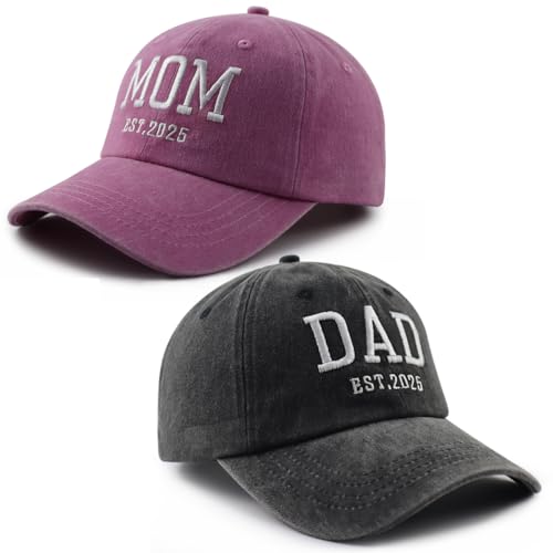 Image of 2PCS Mom and Dad EST 2025 Hat for Women Men, Funny Adjustable Cotton Embroidered New Parents Gifts Baseball Cap