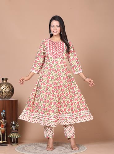 Image of Queens World Women's Anarkali Pure Cotton Floral Printed Kurta Pant Set With Dupatta (M To 2XL- Size)