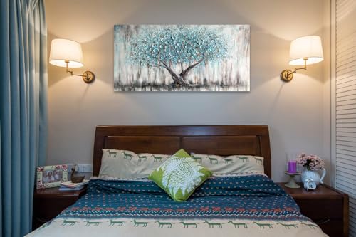 Arjun RART18 Tree Wall Art Teal Blue Nature Tree Of Life Abstract Canvas Painting Textured Picture, Modern Large Panoramic Landscape Artwork Framed For Living Room Bedroom Bathroom Office Home Decor 40 Inchx20 Inch thumb #2