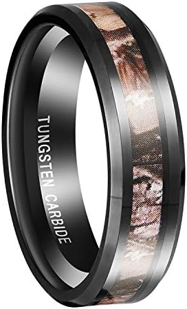 Queenwish 6mm Black Tungsten Camo Wedding Rings for Men & Women Hunting Camouflage Inlay Engagement Couples Jewelry Band Beveled Edges Comfort Fit