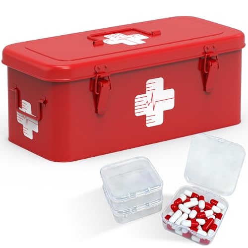 Orionstar Vintage Metal First Aid Box - Large Emergency Medicine Case with 3 Loose Pill Organizers & Top Handle - 360° Visible Medical Symbol Steel S