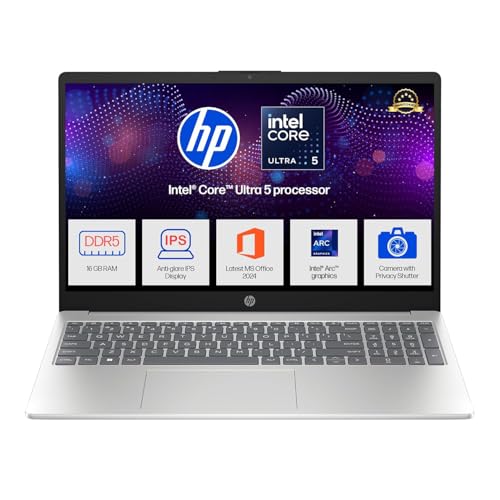 HP 15, Intel Ultra 5 125H, 12 Tops (16GB DDR5, 512GB SSD) FHD, IPS, 15.6''/39.6cm, Win11, M365 Basic(1yr)* Office24, Silver, 1.65kg, fd1254TU, Intel Graphics, FHD Camera w/Shutter, AI Powered Laptop