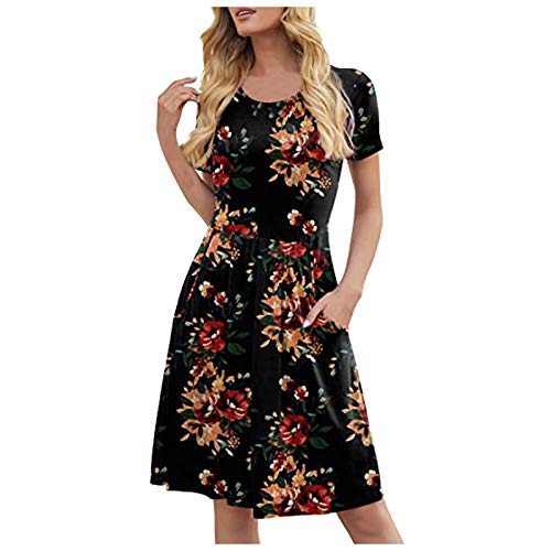 KQKAQJW Vestido feminino casual com gola redonda e manga curta para festa, clube, com laço na cintur