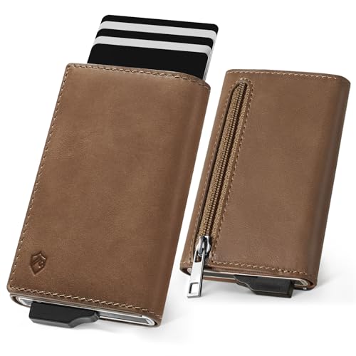 YESIIW Men's Leather Wallet with Coin Compartment & RFID Protection, Magnetic Slim Wallets for Men, Genuine Leather Wallet for 9 Credit Cards, ID Window, Brown