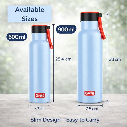 Image of GRECY Trim 800ml Stainless Steel Water Bottle Sky Blue | Single Wall BPA Free Food Grade Steel | Leak Proof, Rust Proof, Odour Free | Lightweight Carry Band | Made in India | Office, Gym, School