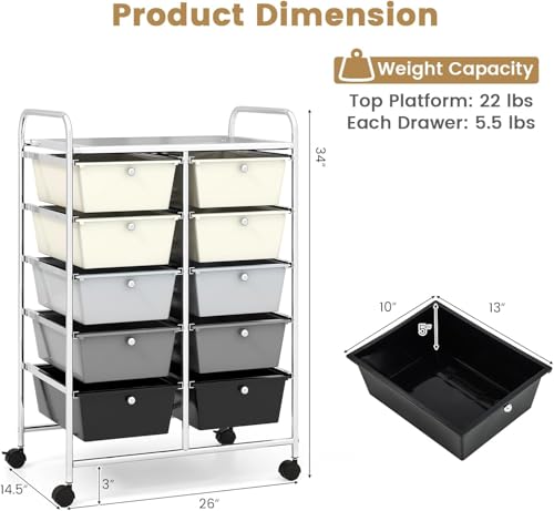 Image of LDAILY 10 Drawer Rolling Cart, Storage Cart Organizer on Wheels, Drawer Cart with Metal Frame & Large Storage Capacity, Rolling Cart with Drawers for Living Room Classroom, Office