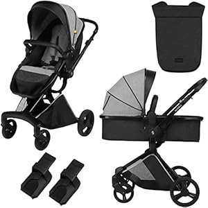 skiddoü Kinderwagen 2 in 1 Nasjo, leichter Buggy und Babywanne, robuste Aluminiumrahmen, kompakte Größe, Blockademöglichkeit der Vorderräder, Handbremse, Belüftungssystem, hellgrau, 2020072, Standard