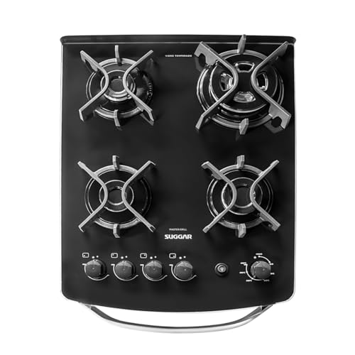SUGGAR FOGÃO MASTER GRILL PRETO MESA DE VIDRO 4 BOCAS TRIPLA CHAMA GRILL 110V TREMPE FERRO FUNDIDO A