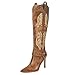 JANSEVEN Western Boots for Women Knee High Cowboy Boots with Embroidered Cowgirl Boot Stiletto High Heel Boot Pointed Toe Side Zipper 3.5 Inches Fashion Boots Size 6
