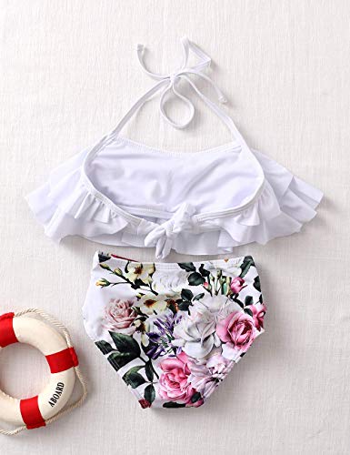 XUNYU Girls Swimsuit Falbala High Waisted Bathing Suit Halter Neck Bikini Swimwear Tankini White 7-8 Years - Thumbnail 5