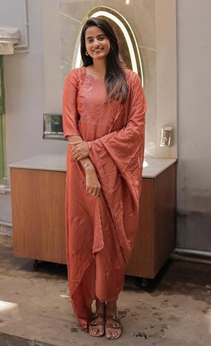 Image of Women Cotton Kurta Pant Set with Chanderi Cotton Dupatta | 3-Piece Straight Fit 3 /4 Sleeves Kurta with V-Neck | Ethnic, Festive & Casual Wear for Women| 3 Piece Set