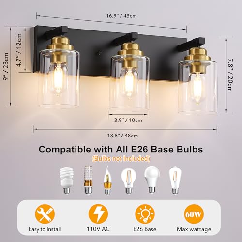 Image of Black and Gold Bathroom Light Fixture, 3 Light Brushed Gold Vanity Light, 18.8 inch Modern Farmhouse Bathroom Lighting Fixtures Over Mirror, with Clear Glass Shade, Vanity Lights for Bedroom Hallway
