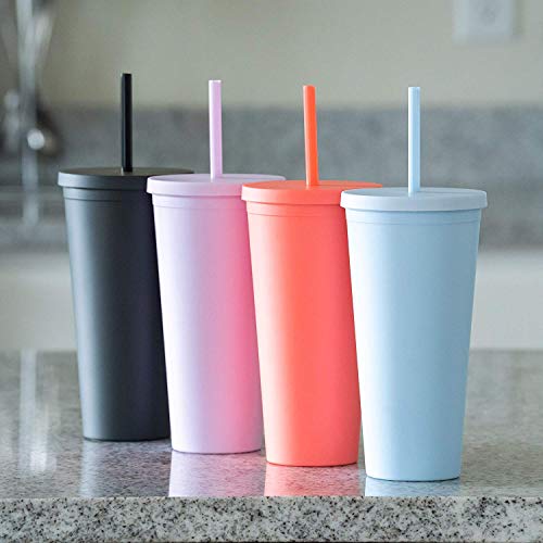 Tumblers With Lids (4 Pack) 22Oz Pastel Colored Acrylic Cups With Lids And Straws | Double Wall Matte Plastic Bulk Tumblers With Free Straw Cleaner! Vinyl Customizable Diy Gifts #TOP7