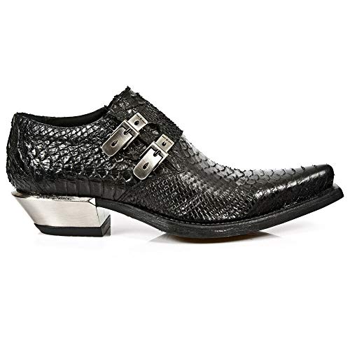 NEWROCK 7934-S2 Men's Black Western Embossed Python Snakeskin Leather Shoes With Buckles and Steel Heels2