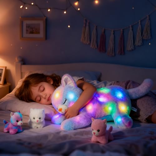 Hopearl LED Plush Cat Lighting Up Stuffed Mommy Cat with 3 Baby Kittens in her Tummy Stuffed Animal Playset Night Lights Glow in The Dark for Mom Kids Toddler Girls, Rainbow, 18'' - Image 3