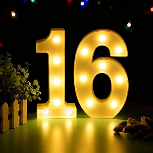 Image of Balloonistics LED Marquee Number 16 Light - 8.66-Inch Cordless Battery-Operated Light Up Number Sign for 16th Birthday, Anniversary, Wedding, Party Decoration, Photo Booth Backdrop, Cake Table Decor