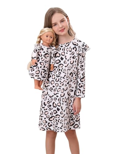 Bow Dream Toddler Girls Casual Dress and Matching American Girl Doll Clothes for Girls Cute Kids Dress Party Birthday Leopard