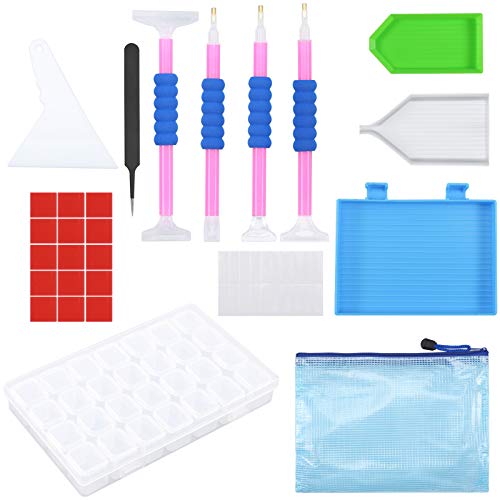 Xinzistar Diamond Painting Zubehör für Erwachsene Kinder, 28 Fächer Sortierbox Diamant Stift mit Griffen Diamant Fixierwerkzeug Kleber 5D DIY Diamond Painting Werkzeug Set Cover