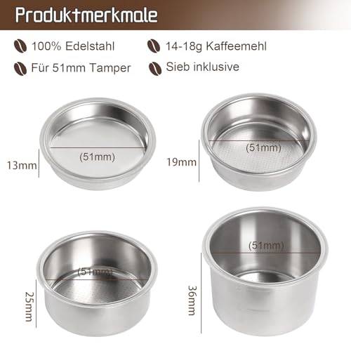 Siebträger 51mm mit Filterkorb 1/2/4 Tasse, Bodenloser Siebträger 51mm Kaffeefilterkorb set aus Edelstahl mit Holzgriff für Espresso, 51 mm Filterhalter Kompatibel mit DeLonghi Dedica