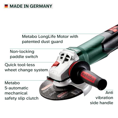 Image of Metabo 6-Inch Angle Grinder, 10,000 RPM, 12 Amp, Non-locking Paddle Switch, Made in Germany, WP 13-150 Quick, 603633420, Green