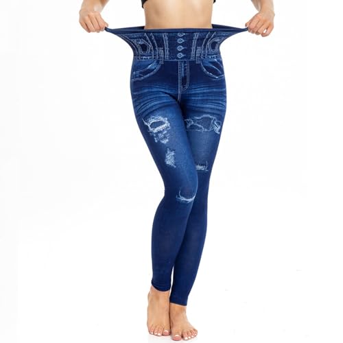 EWFAS Leggings Damen Jeansoptik Gedickt oder dünn Hohe Taillen Leggings mit Bund Mode Shaping Leggins Dehnbar Formende Treggings Streetwear Hosen Thermo-Leggings Jeans-Look