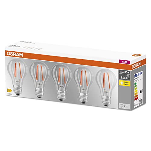 Osram LED Base Classic A Lampe, Sockel: E27, Warm White, 2700 K, 7 W, Ersatz für 60-W-Glühbirne, klar, 5er Packung – Ansicht 2