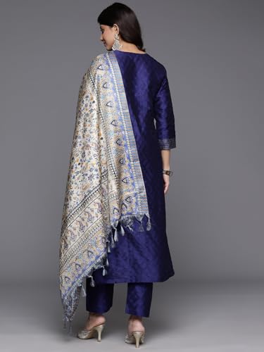 Image of Varanga Women Embroidered Straight Kurta Pant Set with Dupatta | Silk Blend Fabric | 3 /4 Sleeve Round Neck | Lightweight Comfortable Summer Wear