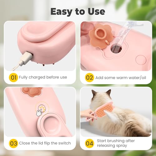 Image of Cat Steam Brush for Shedding, 4 in 1 Rechargeable Steam Brush for Cats and Dogs, Anti-Static, Massage, flea comb for cats& Pet Removal Hair Glove,Shedding & Combing All In One!(Pink)