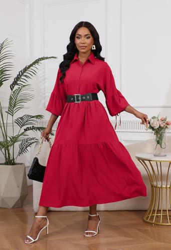 Image of Women's Long Sleeve Maxi Shirt Dress Elegant Button Down Loose Swing Party Dress