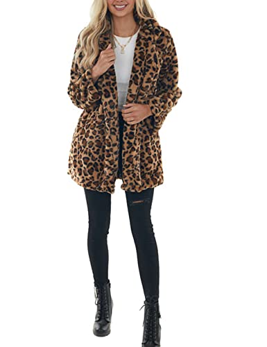Arssm Womens Loose Autumn Faux Fur Jackets Winter Warm Leopard Coats With Pockets(Brown-L) #TOP1