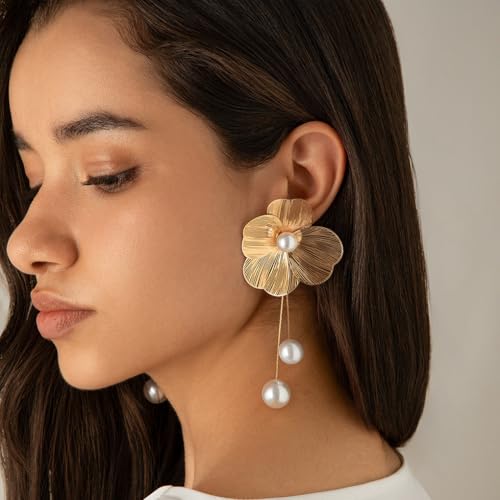 Flower Earrings for Women Dainty 14K Gold Freshwater Pearl Floral Dangle Earrings Long Pearl Ginkgo Leaf Drop Earrings Trendy Prom Jewelry Gifts2