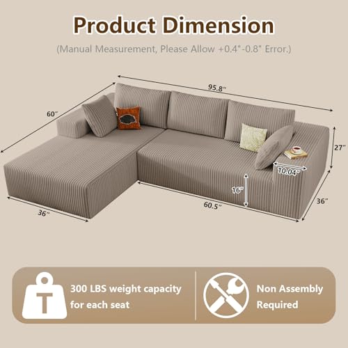 Image of 96 inch Modular Sectional Couch, Boneless L Shaped Cloud Sofa with Chaise Lounge, Corduroy Upholstered Couches Memory Foam Deep Seat, No Assembly Required, Ideal for Living Room(Camel, Left Facing)