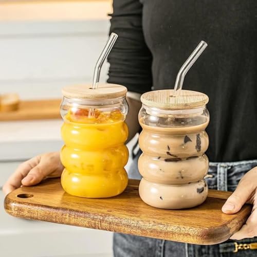 Image of Ripple Shape Glass Tumbler with Straw, 550 ML Each, Set of 2 Glass Sippers with Bamboo Lid & Reusable Glass Straw, Wave Pattern Aesthetic Coffee Tumbler Glass for Cold Drinks