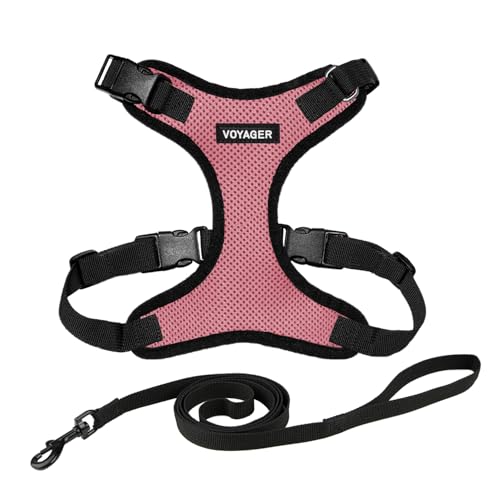 Image of Voyager Escape-Proof Step-in Lock Cat Harness & 5ft Neoprene-Handle Leash Set All-Weather Mesh with Reflective Stitching for Small to Large Cats by Best Pet Supplies, Pink /Black Trim, S