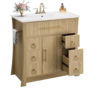 IRONCK 36″ Bathroom Vanity with Sink, Freestanding Bathroom Sink Cabinet with 4 Drawers & 1 Flip-Down Drawer, Wood Grain Texture, Metal Handle, Farmhouse