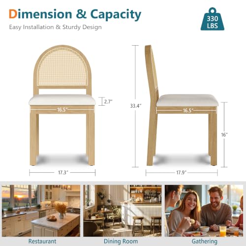 Image of STHOUYN Upholstered Rattan Dining Chairs Set of 4, Farmhouse Solid Wood Dining Room Chair with Natural Rattan Woven Back and Chenille Seat, Mid-Century Modern Wooden Kitchen Chairs (4, Cream White)