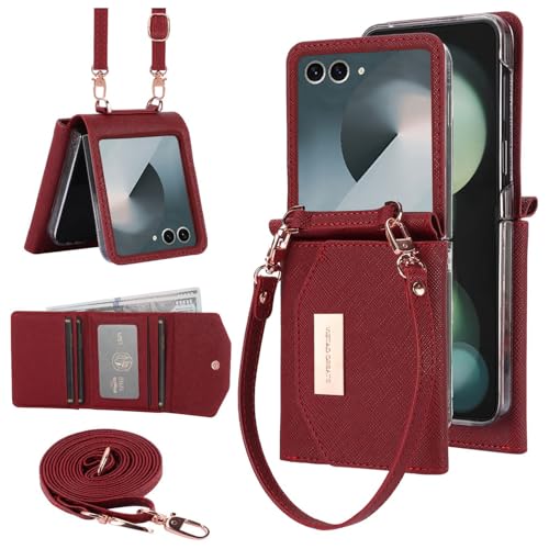 XIMAND Samsung Galaxy Z Flip 8 �E�H���b�g�P�[�X�������U�[�L���b�V���X���b�g�ƃN���W�b�g�J�[�h�z���_�[���X�g���b�g�X�g���b�v�ƃq���W�ی�A�L�����[�n���h�o�b�O�d�b�P�[�X(�_�[�N���b�h)
