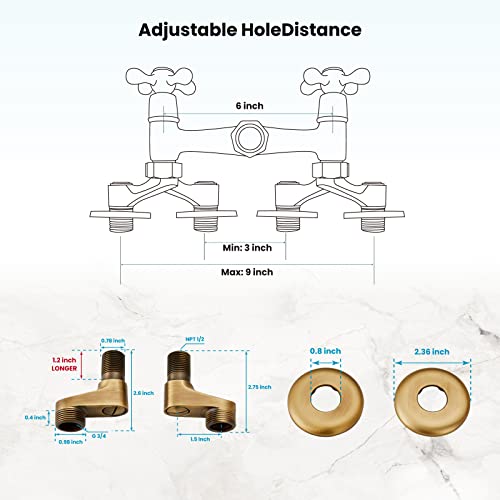Wall Mount Faucet 6 Inch Center Antique Brass Kitchen Sink Taps 2 Cross Knobs Handle Victorian Commercial With 9Inch Spout #TOP5