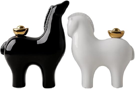 SMRTHMRT Modern Decorative Horse Figurines, Black and White Glazed Ceramic Horse Carries Gold Ingot, Set of 2