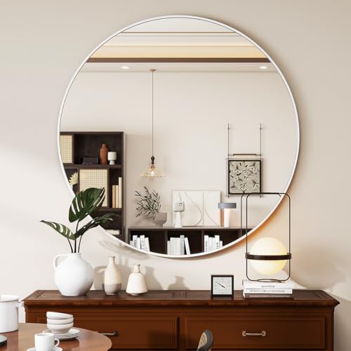 VETROVUE White Round Mirror, 30 Inch Circle Bathroom Mirror with Metal Frame, Wall-Mounted for Entryway, Bathroom, Vanity, Living Room