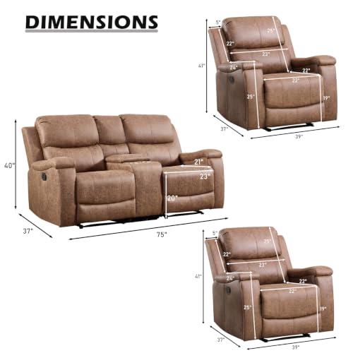 Image of CANMOV Faux Leather Manual Reclining Sofa Set, 2 Manual Recliner Chairs and 2 Seat Recliner Loveseat with Center Console, Hidden Storage and Cup Holders for Living Room,Bedroom Furniture,Nut Brown