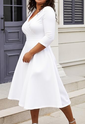 Image of Womens Plus Size Dresses Faux Wrap Summer Dress 3 /4 Sleeves V Neck 1950s Retro Vintage Wedding Party Midi Dress