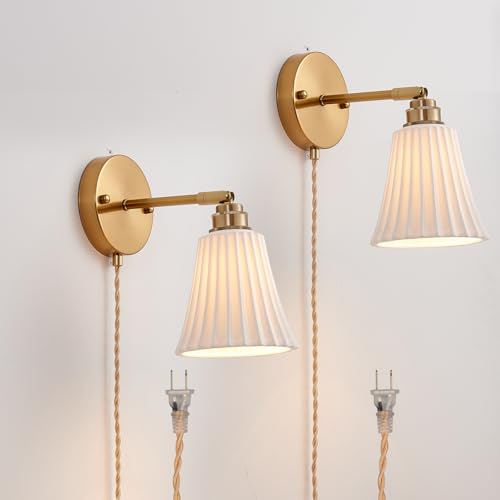 Image of Fetason Plug in Wall Sconces Set of 2, Modern Ceramic Gold Wall Sconce Light with Switch, Vintage Bedside Wall Lamp Light Fixtures for Living Room Bedroom Kitchen Home Office Hallway